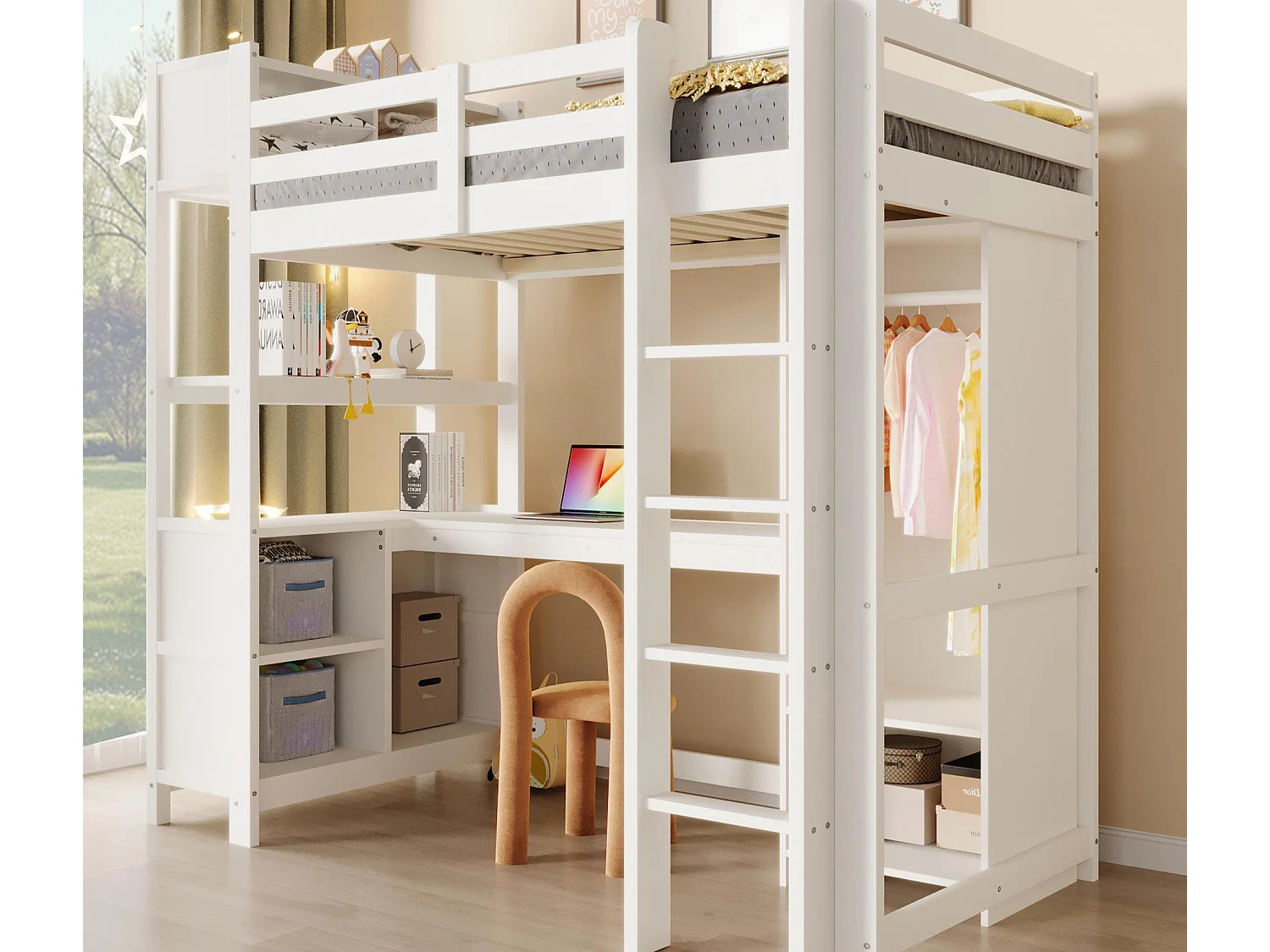 Letto soppalcato 90x200cm - con ripiani - con scomparti di riporre - con scrivania + armadio - bianco​ (materasso non incluso)