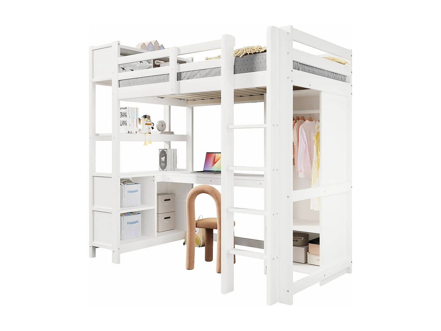 Letto soppalcato 90x200cm - con ripiani - con scomparti di riporre - con scrivania + armadio - bianco​ (materasso non incluso)