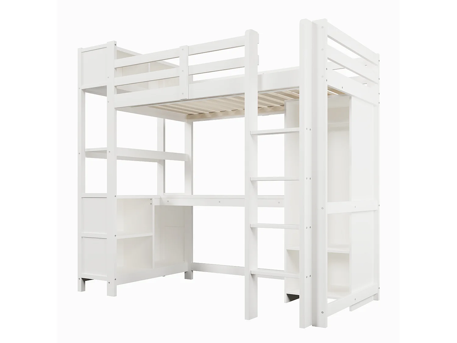 Letto soppalcato 90x200cm - con ripiani - con scomparti di riporre - con scrivania + armadio - bianco​ (materasso non incluso)