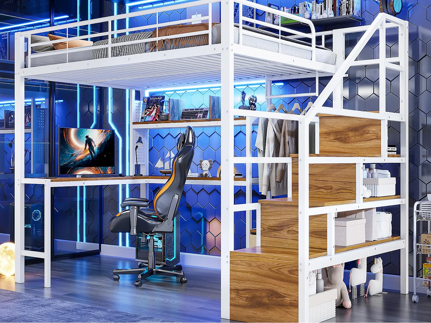 Hochbett 140x200 cm - Eisen-Gestell - 2 Schubladen - Kleiderstange - LED-Beleuchtung - Schreibtisch - weiß​ (Matratze nicht inbegriffen)