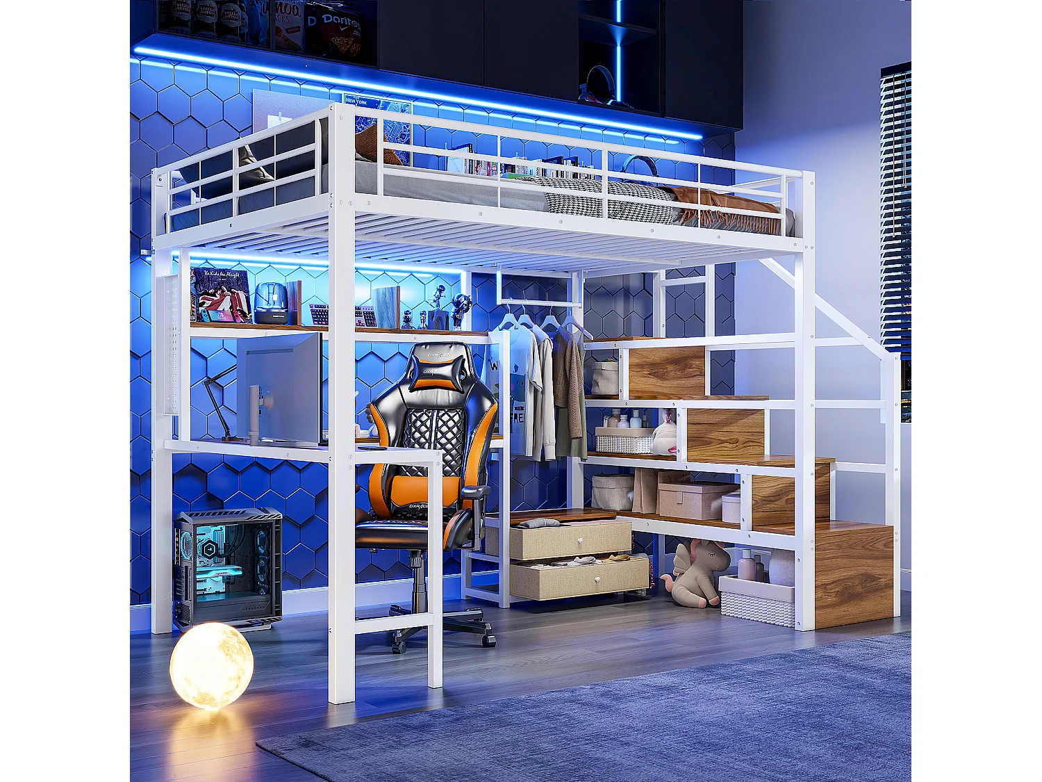 Hochbett 140x200 cm - Eisen-Gestell - 2 Schubladen - Kleiderstange - LED-Beleuchtung - Schreibtisch - weiß​ (Matratze nicht inbegriffen)