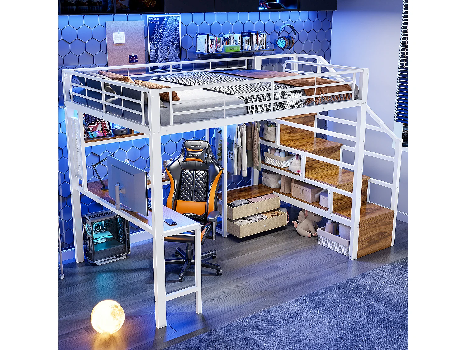 Hochbett 140x200 cm - Eisen-Gestell - 2 Schubladen - Kleiderstange - LED-Beleuchtung - Schreibtisch - weiß​ (Matratze nicht inbegriffen)