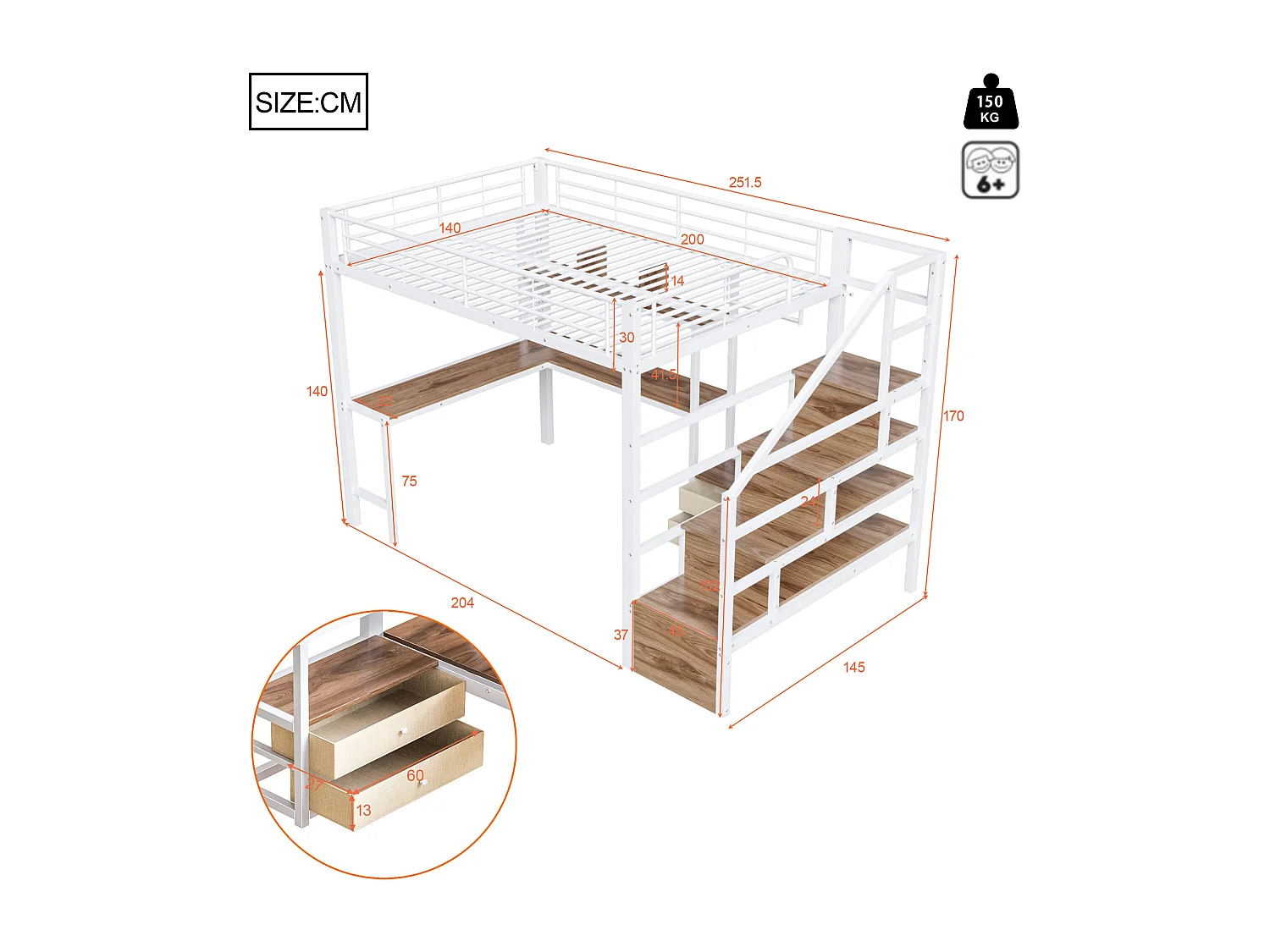 Hochbett 140x200 cm - Eisen-Gestell - 2 Schubladen - Kleiderstange - LED-Beleuchtung - Schreibtisch - weiß​ (Matratze nicht inbegriffen)