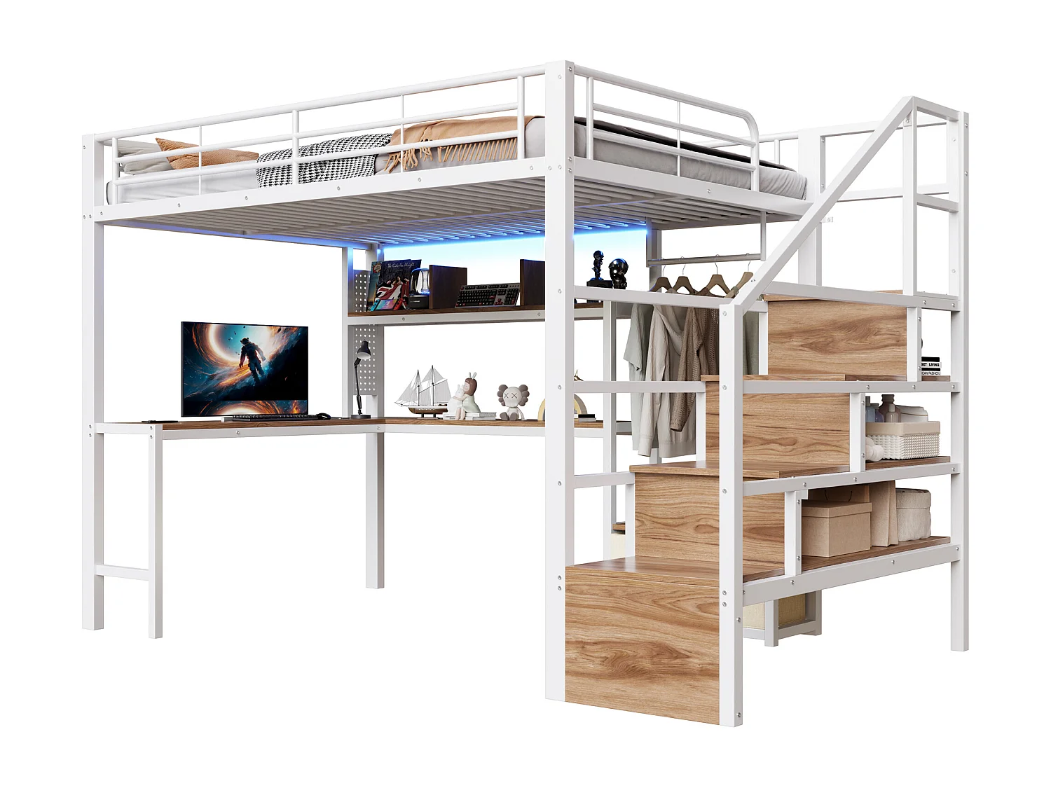 Hochbett 140x200 cm - Eisen-Gestell - 2 Schubladen - Kleiderstange - LED-Beleuchtung - Schreibtisch - weiß​ (Matratze nicht inbegriffen)