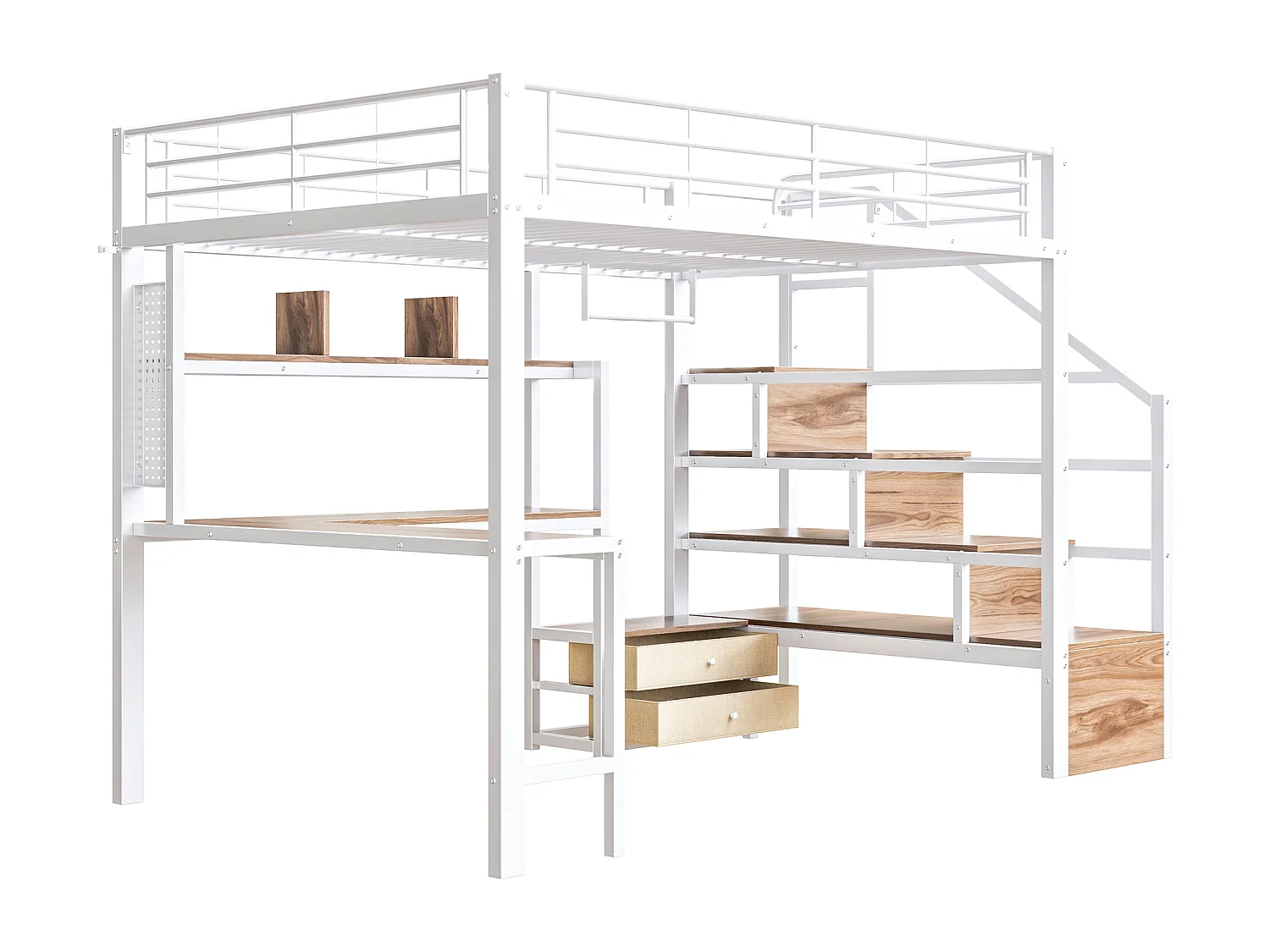 Hochbett 140x200 cm - Eisen-Gestell - 2 Schubladen - Kleiderstange - LED-Beleuchtung - Schreibtisch - weiß​ (Matratze nicht inbegriffen)