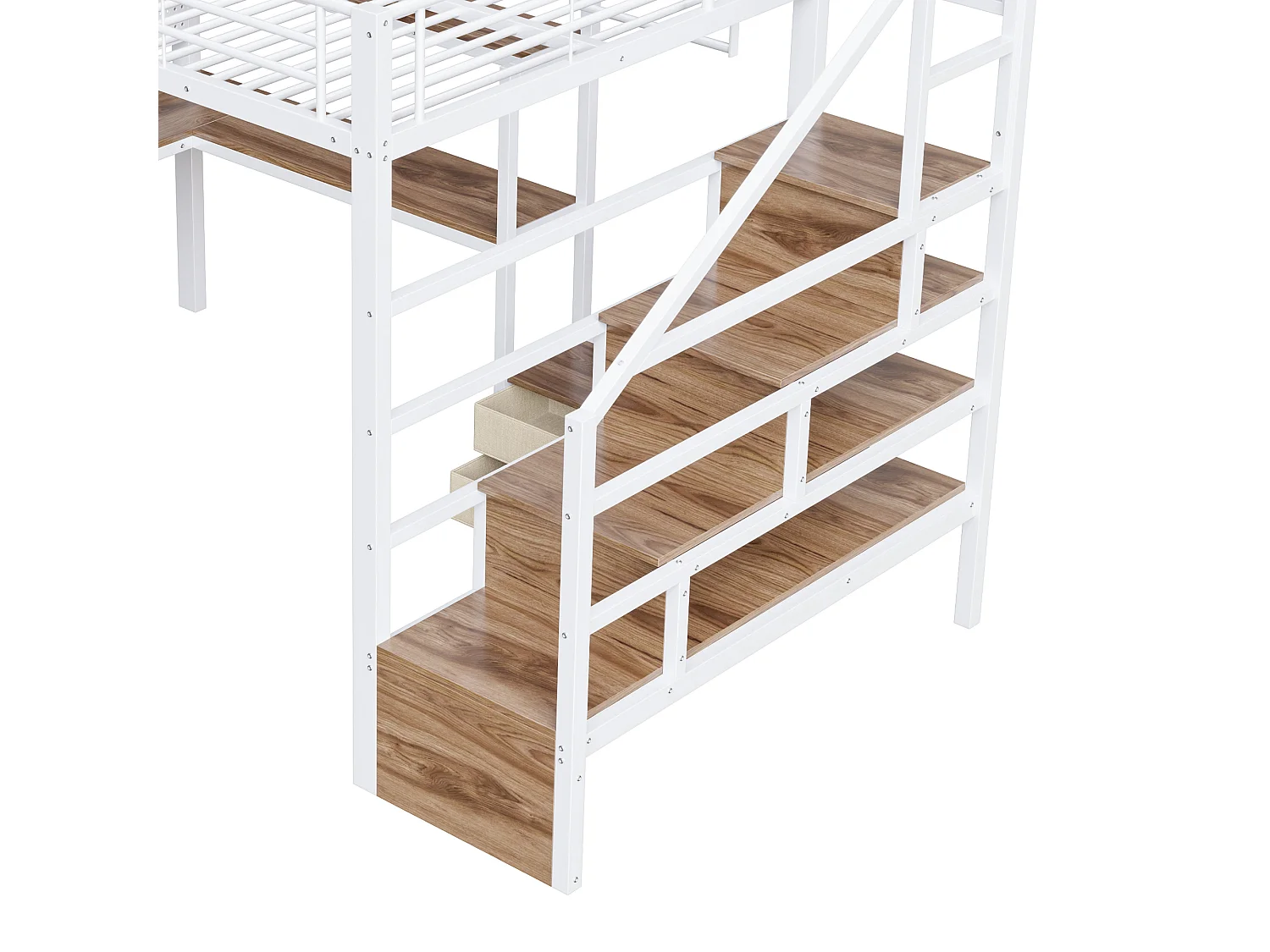 Hochbett 140x200 cm - Eisen-Gestell - 2 Schubladen - Kleiderstange - LED-Beleuchtung - Schreibtisch - weiß​ (Matratze nicht inbegriffen)