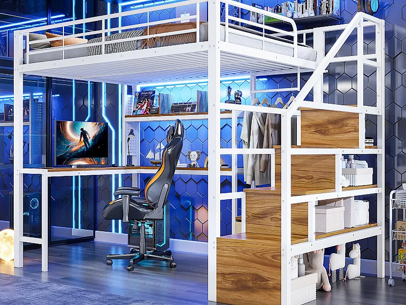 Hochbett 140x200 cm - Eisen-Gestell - 2 Schubladen - Kleiderstange - LED-Beleuchtung - Schreibtisch - weiß​ (Matratze nicht inbegriffen)