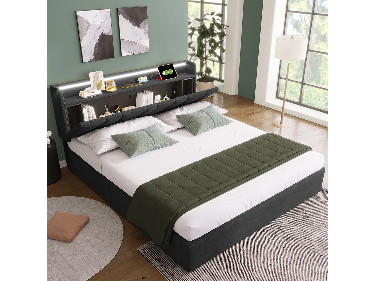 Cama baú estofada 140x190cm - con LED e portas de carregamento - tecido de linho - con somier de ripas - Cinza​ (sem colchão)