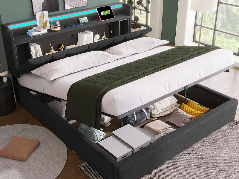 Cama baú estofada 140x190cm - con LED e portas de carregamento - tecido de linho - con somier de ripas - Cinza​ (sem colchão)