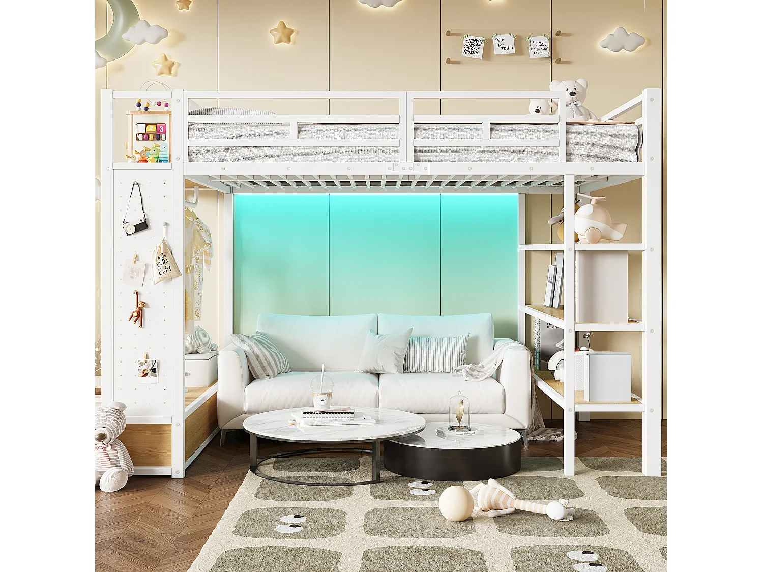 Cama mezanino de metal 140x200cm con LED - armário aberto e 2 gavetas - Prateleiras + painéis de armazenamento - Branco​ (sem colchão)