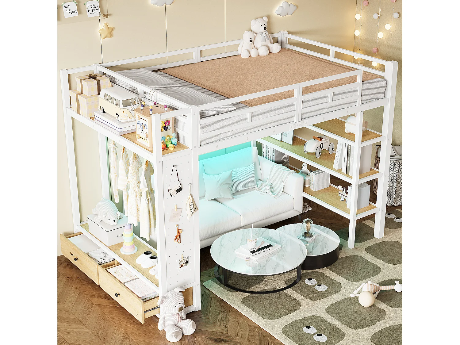 Cama mezanino de metal 140x200cm con LED - armário aberto e 2 gavetas - Prateleiras + painéis de armazenamento - Branco​ (sem colchão)