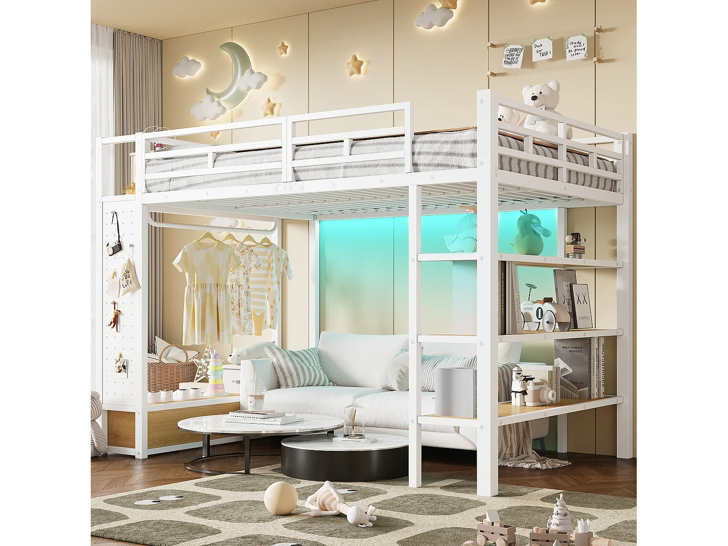 Cama mezanino de metal 140x200cm con LED - armário aberto e 2 gavetas - Prateleiras + painéis de armazenamento - Branco​ (sem colchão)