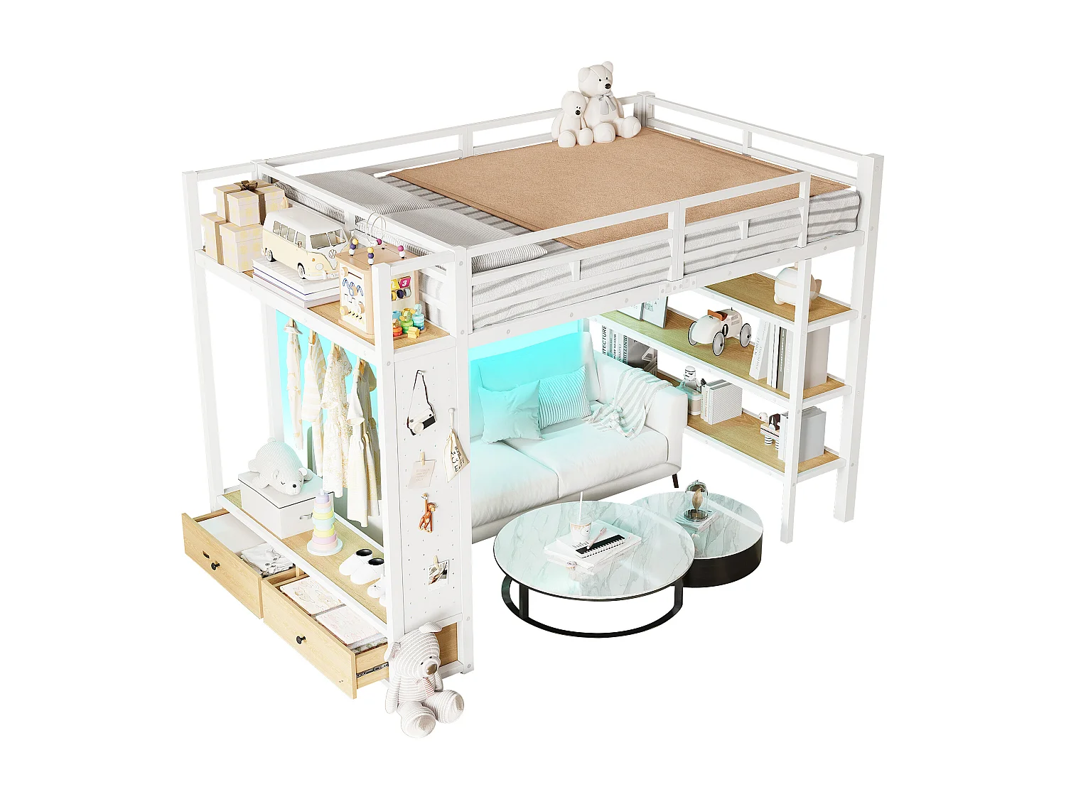 Cama mezanino de metal 140x200cm con LED - armário aberto e 2 gavetas - Prateleiras + painéis de armazenamento - Branco​ (sem colchão)