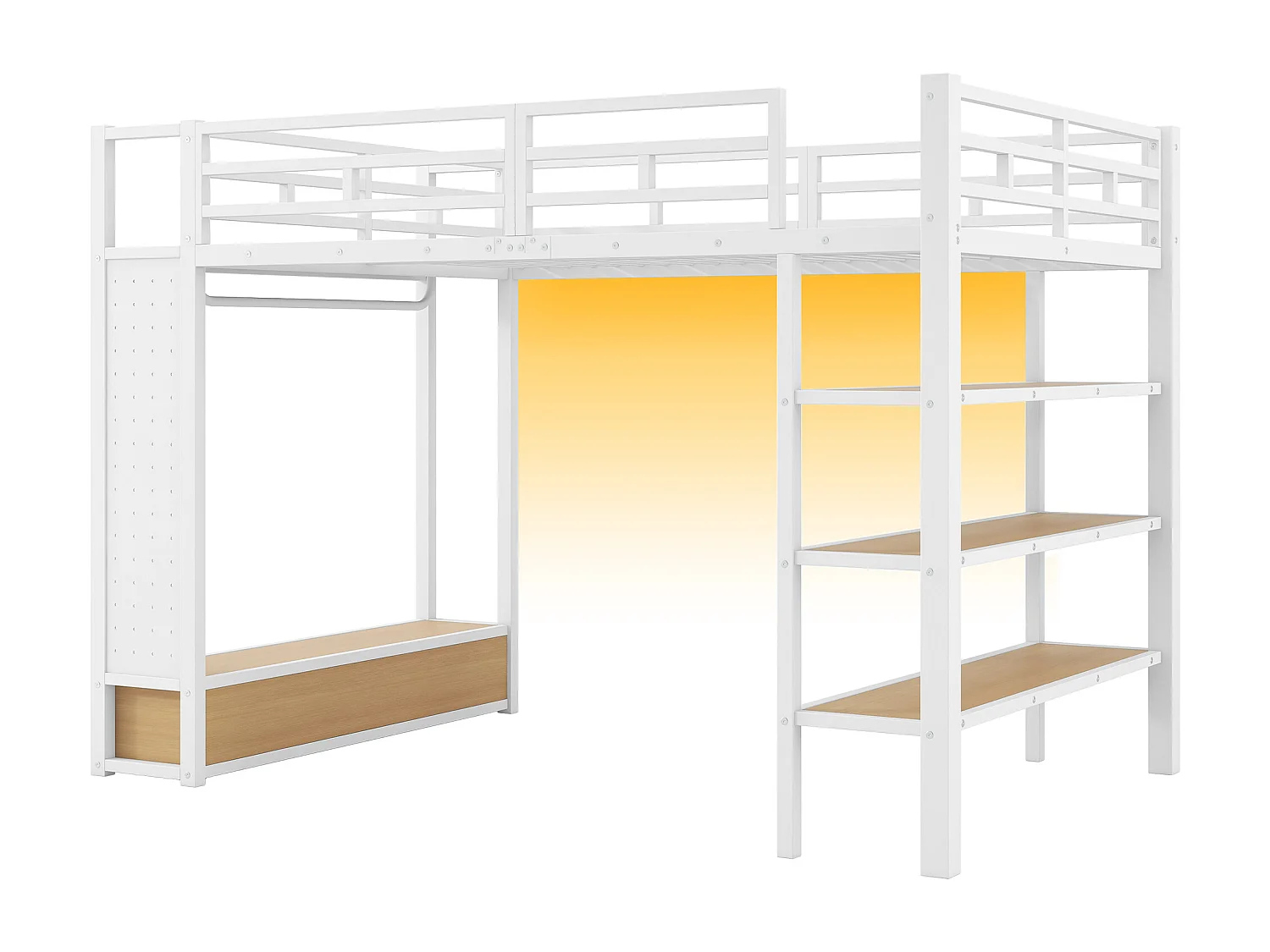 Cama mezanino de metal 140x200cm con LED - armário aberto e 2 gavetas - Prateleiras + painéis de armazenamento - Branco​ (sem colchão)