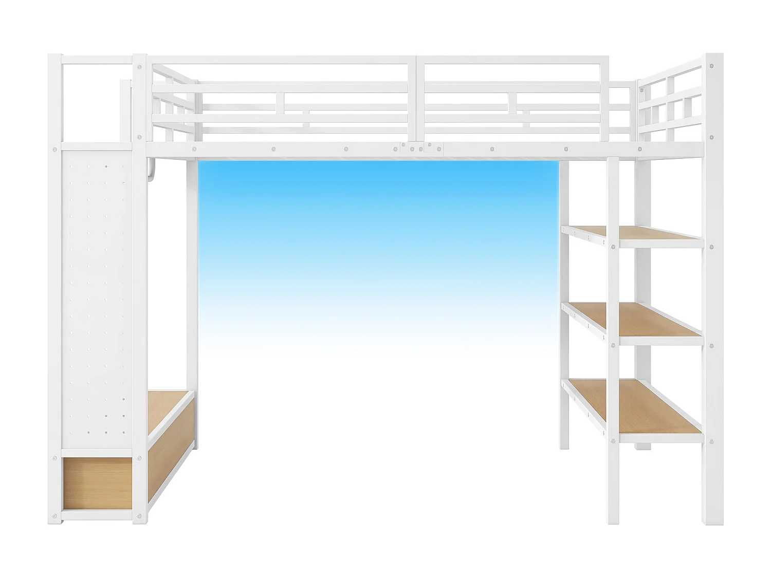 Cama mezanino de metal 140x200cm con LED - armário aberto e 2 gavetas - Prateleiras + painéis de armazenamento - Branco​ (sem colchão)