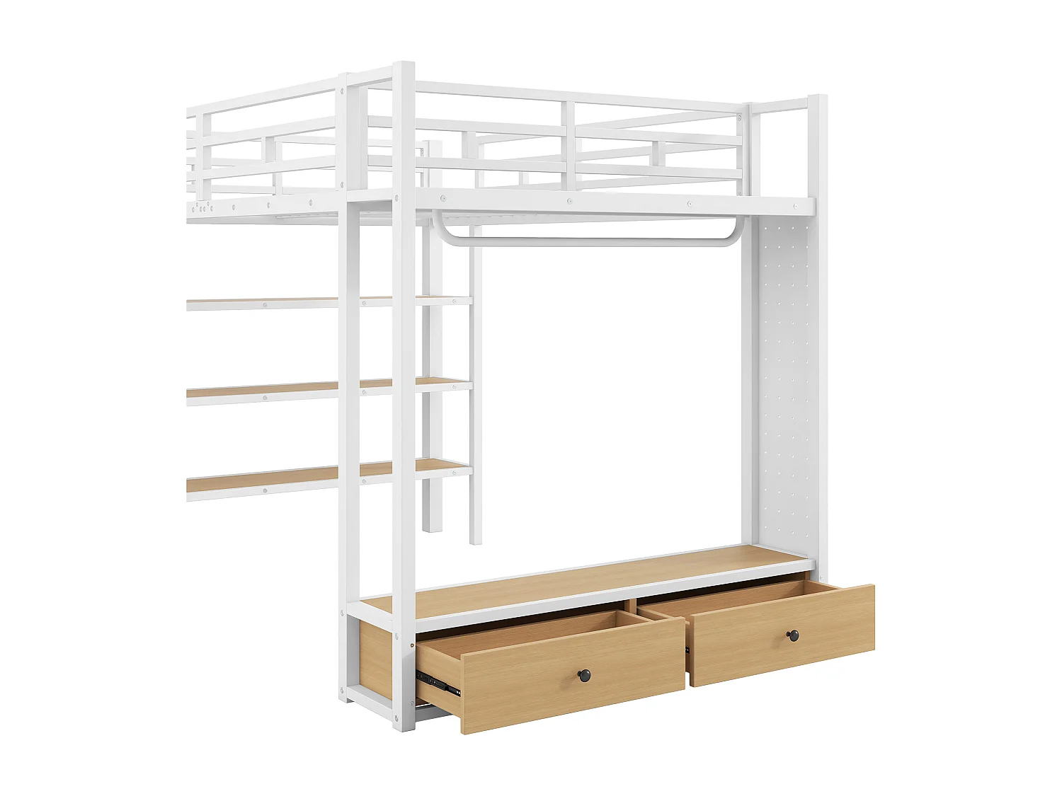 Cama mezanino de metal 140x200cm con LED - armário aberto e 2 gavetas - Prateleiras + painéis de armazenamento - Branco​ (sem colchão)