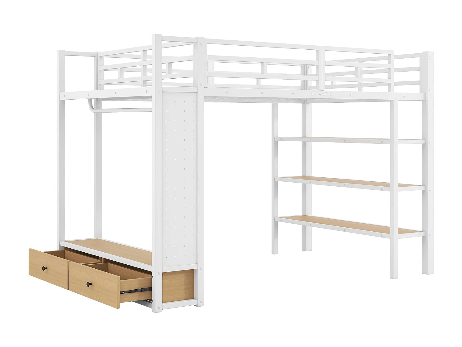 Cama mezanino de metal 140x200cm con LED - armário aberto e 2 gavetas - Prateleiras + painéis de armazenamento - Branco​ (sem colchão)