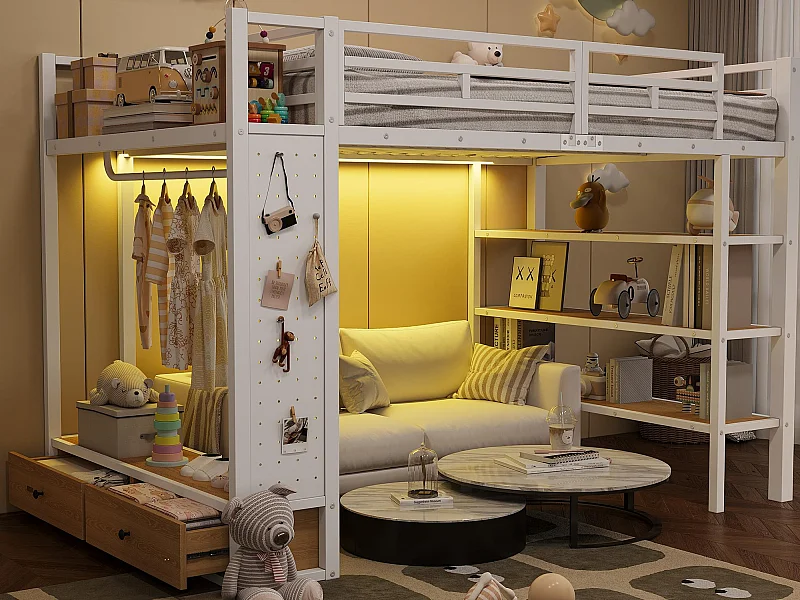 Cama mezanino de metal 140x200cm con LED - armário aberto e 2 gavetas - Prateleiras + painéis de armazenamento - Branco​ (sem colchão)