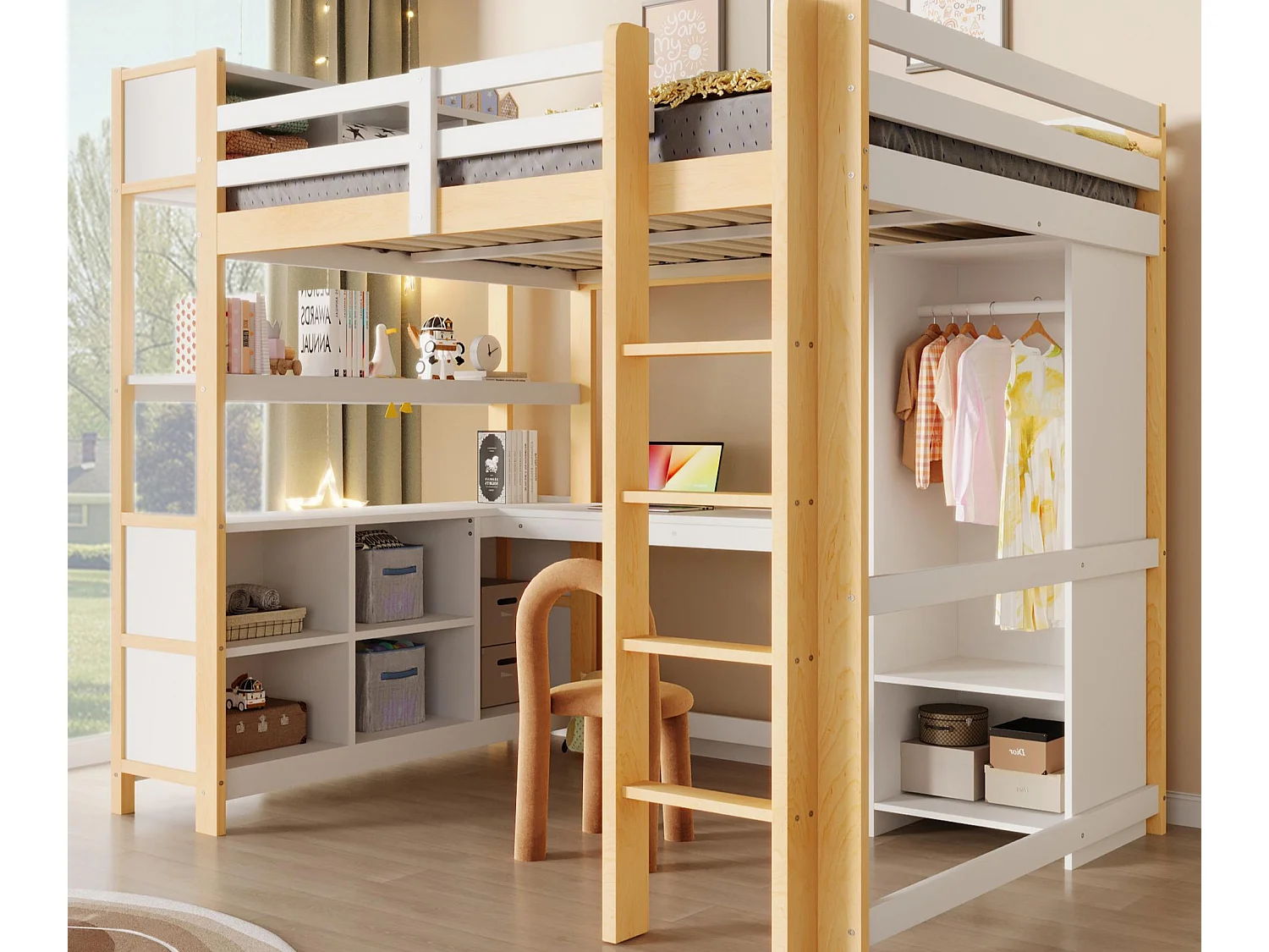 Letto soppalcato 140x200 cm - con riporre - con scrivania e appendiabiti - Naturale​ (materasso non incluso)