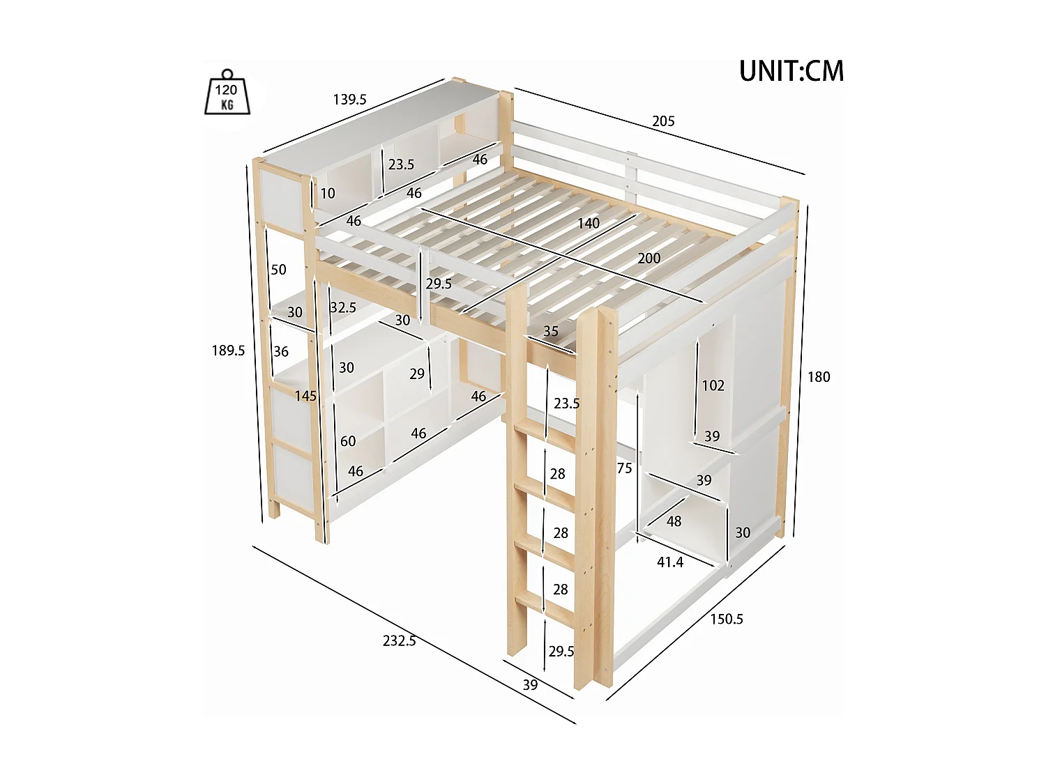 Letto soppalcato 140x200 cm - con riporre - con scrivania e appendiabiti - Naturale​ (materasso non incluso)