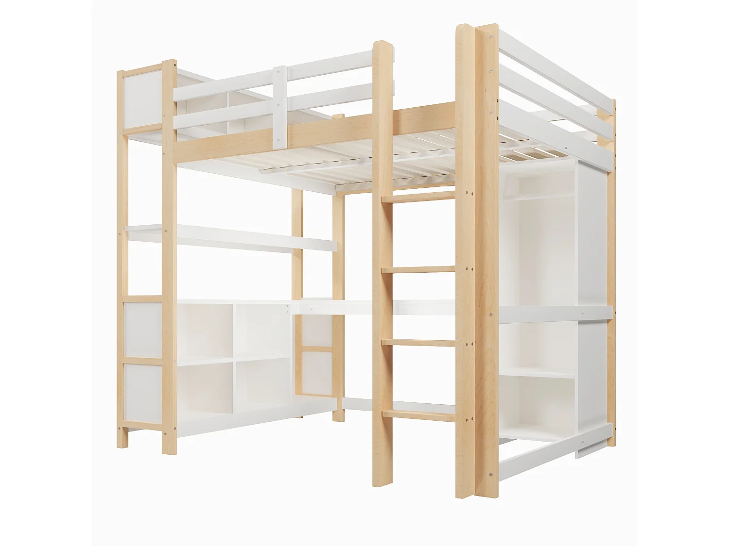 Letto soppalcato 140x200 cm - con riporre - con scrivania e appendiabiti - Naturale​ (materasso non incluso)