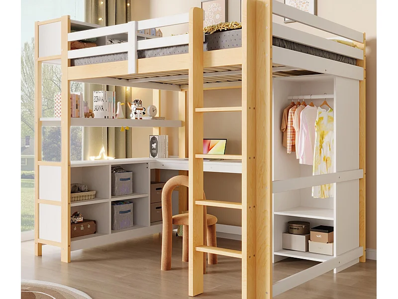 Letto soppalcato 140x200 cm - con riporre - con scrivania e appendiabiti - Naturale​ (materasso non incluso)