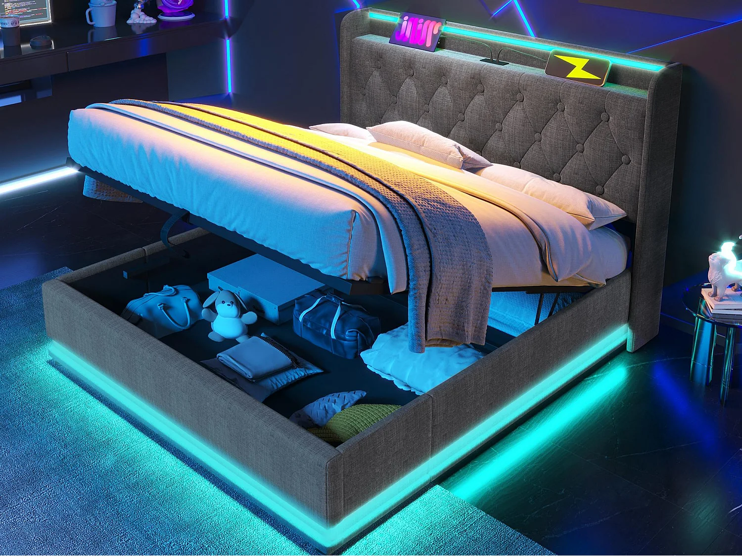 Letto con contenitore imbottito 140x190cm - con LED e prese USB & Type-C - tessuto di lino - Grigio​ (senza materasso)