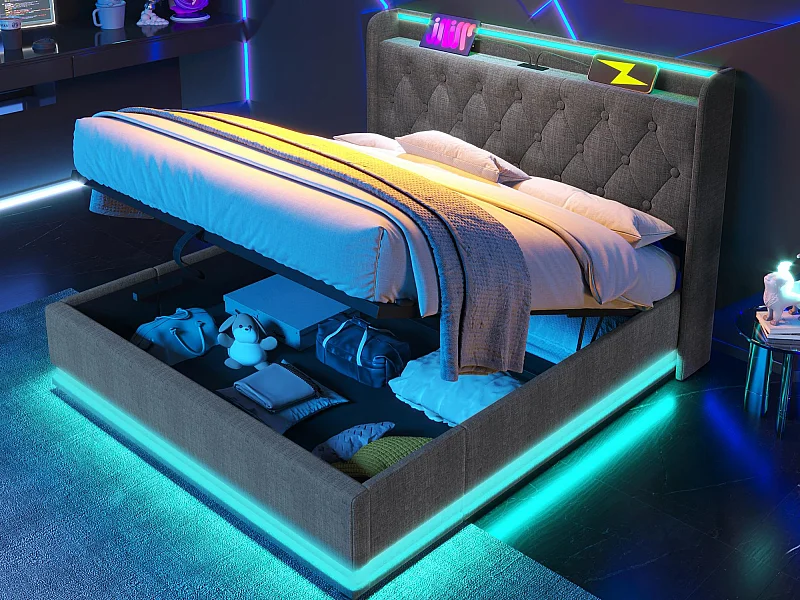 Cama baú estofada 140x190cm - con LED e tomadas USB & Type-C - tecido de linho - Cinza​ (sem colchão)