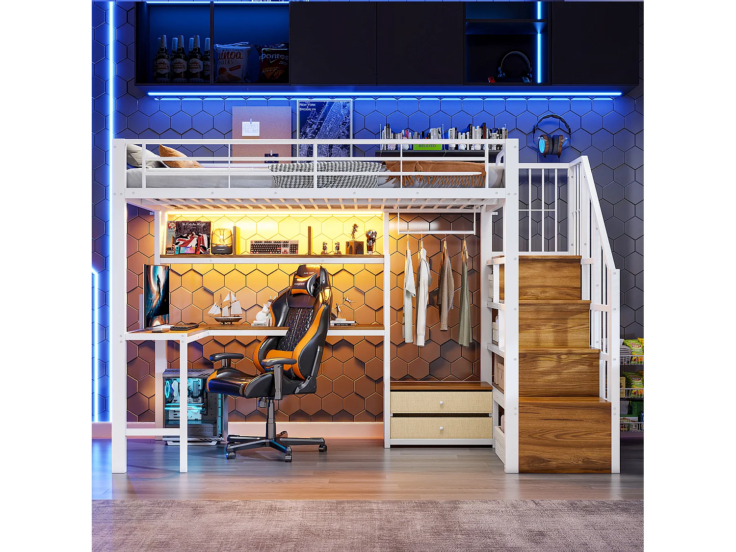 Hochbett 90x200 cm - Eisen-Gestell - 2 Schubladen - Kleiderstange - LED-Beleuchtung - Schreibtisch - weiß​ (Matratze nicht inbegriffen)