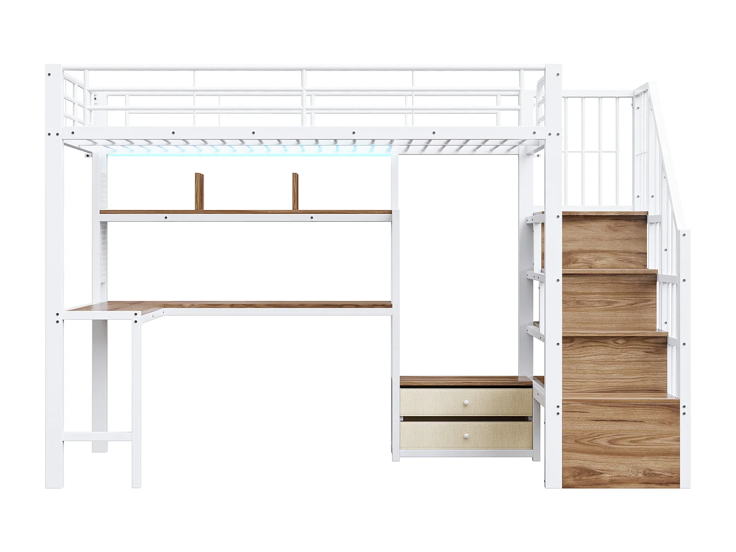 Hochbett 90x200 cm - Eisen-Gestell - 2 Schubladen - Kleiderstange - LED-Beleuchtung - Schreibtisch - weiß​ (Matratze nicht inbegriffen)
