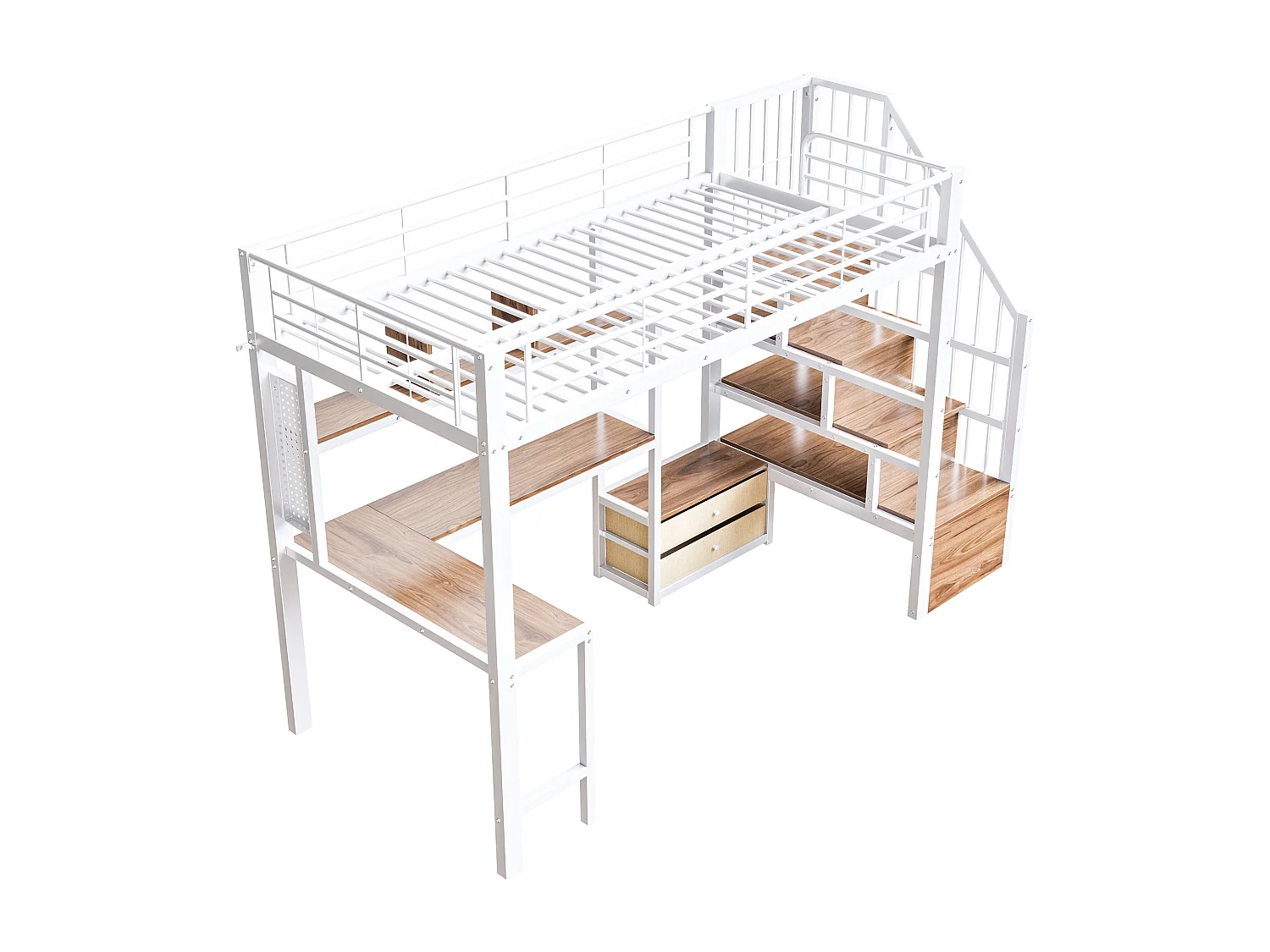 Hochbett 90x200 cm - Eisen-Gestell - 2 Schubladen - Kleiderstange - LED-Beleuchtung - Schreibtisch - weiß​ (Matratze nicht inbegriffen)