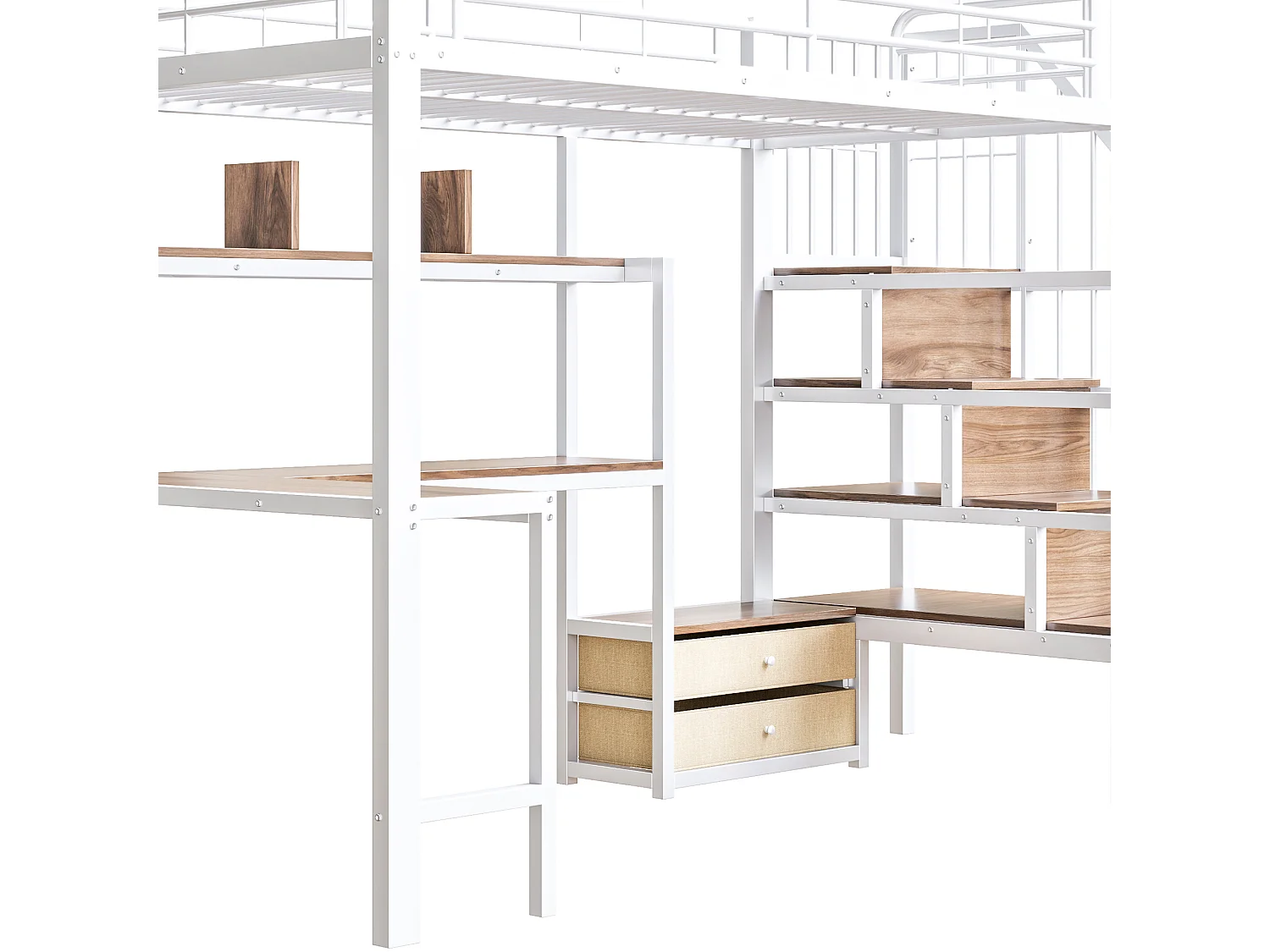 Hochbett 90x200 cm - Eisen-Gestell - 2 Schubladen - Kleiderstange - LED-Beleuchtung - Schreibtisch - weiß​ (Matratze nicht inbegriffen)