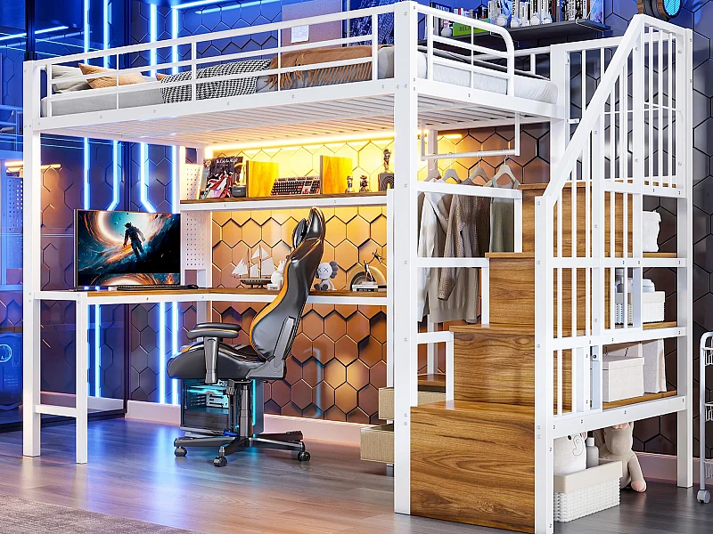 Hochbett 90x200 cm - Eisen-Gestell - 2 Schubladen - Kleiderstange - LED-Beleuchtung - Schreibtisch - weiß​ (Matratze nicht inbegriffen)