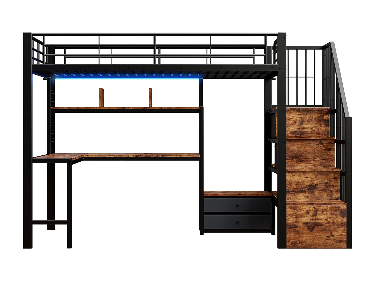 Hochbett 90x200 cm - Eisen-Gestell - 2 Schubladen - Kleiderstange - LED-Beleuchtung - Schreibtisch - Schwarz​ (Matratze nicht inbegriffen)