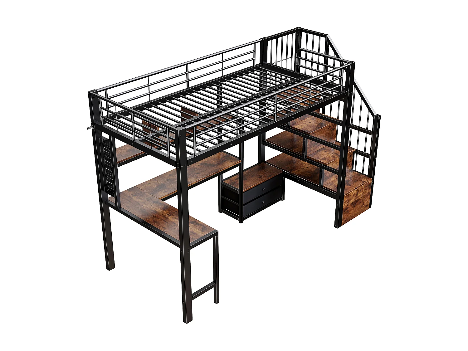 Hochbett 90x200 cm - Eisen-Gestell - 2 Schubladen - Kleiderstange - LED-Beleuchtung - Schreibtisch - Schwarz​ (Matratze nicht inbegriffen)