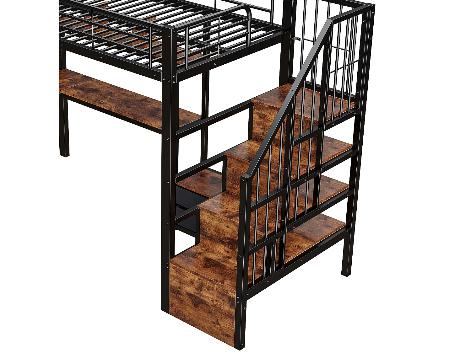 Hochbett 90x200 cm - Eisen-Gestell - 2 Schubladen - Kleiderstange - LED-Beleuchtung - Schreibtisch - Schwarz​ (Matratze nicht inbegriffen)