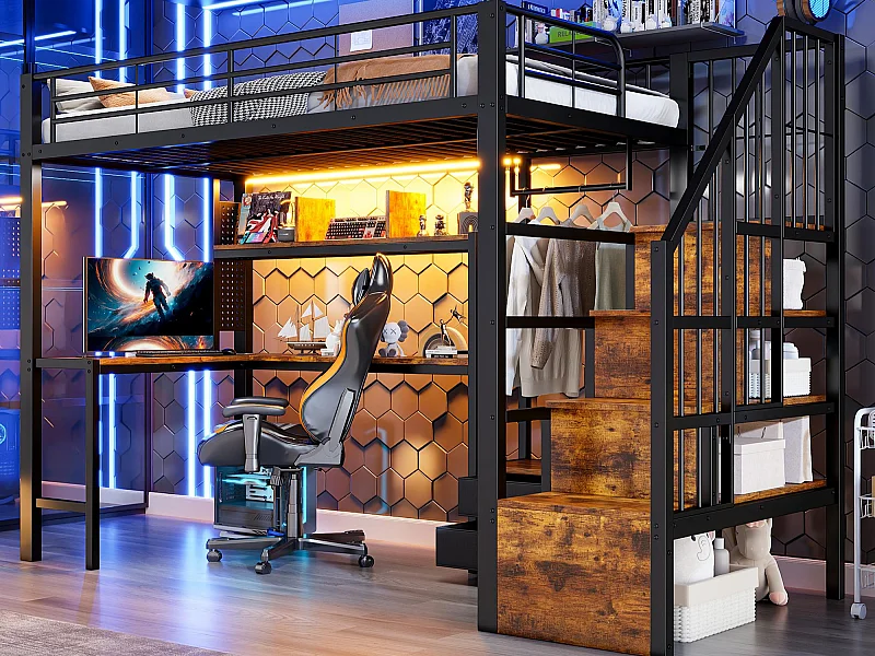 Hochbett 90x200 cm - Eisen-Gestell - 2 Schubladen - Kleiderstange - LED-Beleuchtung - Schreibtisch - Schwarz​ (Matratze nicht inbegriffen)