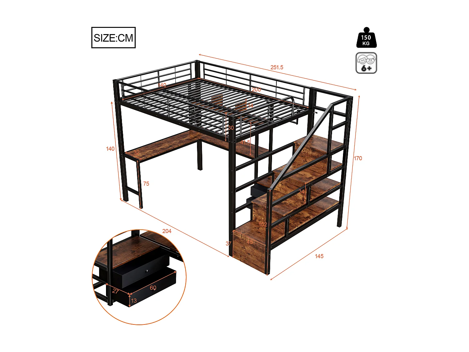 Hochbett 140x200 cm - Eisen-Gestell - 2 Schubladen - Kleiderstange - LED-Beleuchtung - Schreibtisch - Schwarz​ (Matratze nicht inbegriffen)