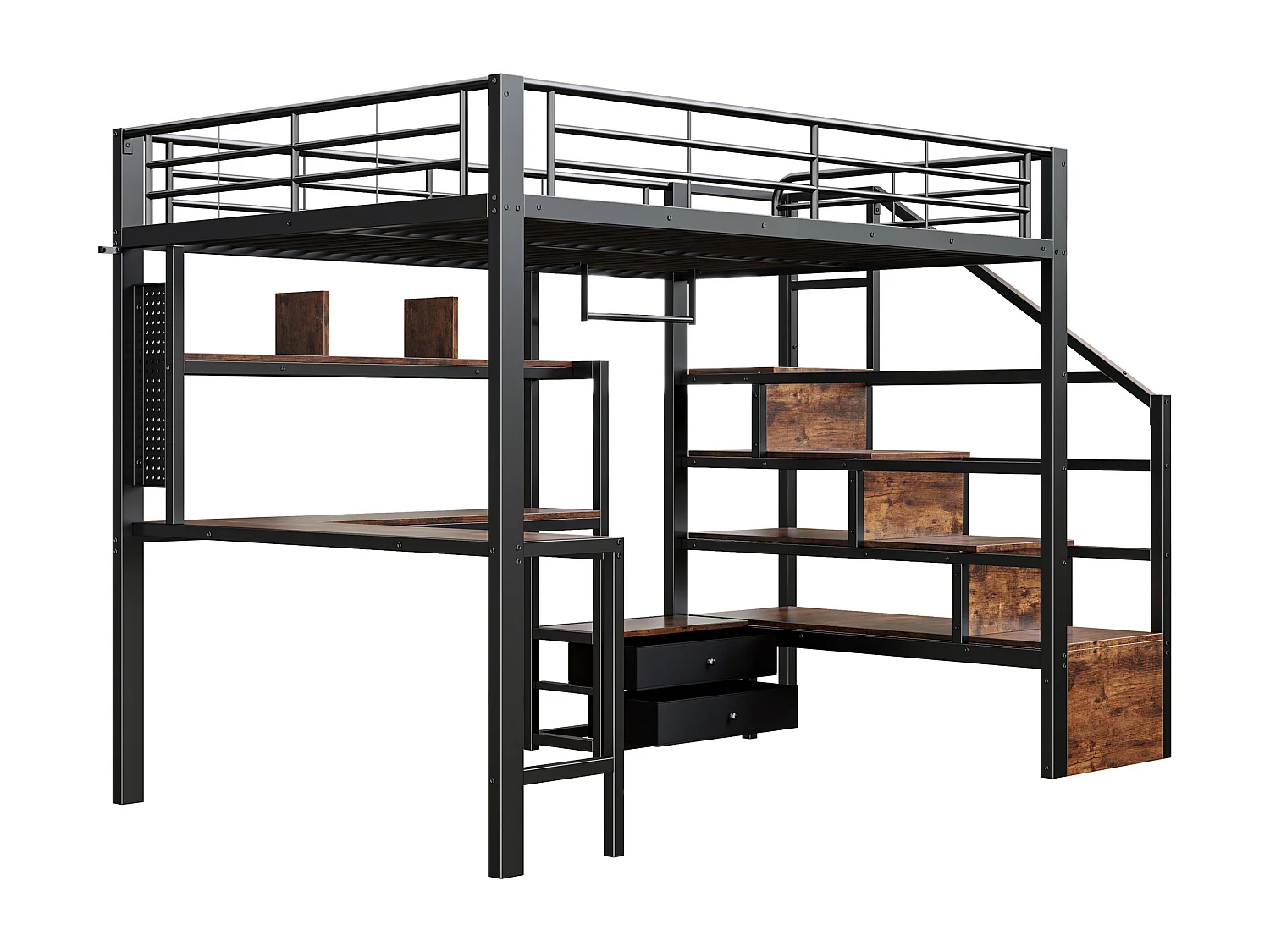 Hochbett 140x200 cm - Eisen-Gestell - 2 Schubladen - Kleiderstange - LED-Beleuchtung - Schreibtisch - Schwarz​ (Matratze nicht inbegriffen)
