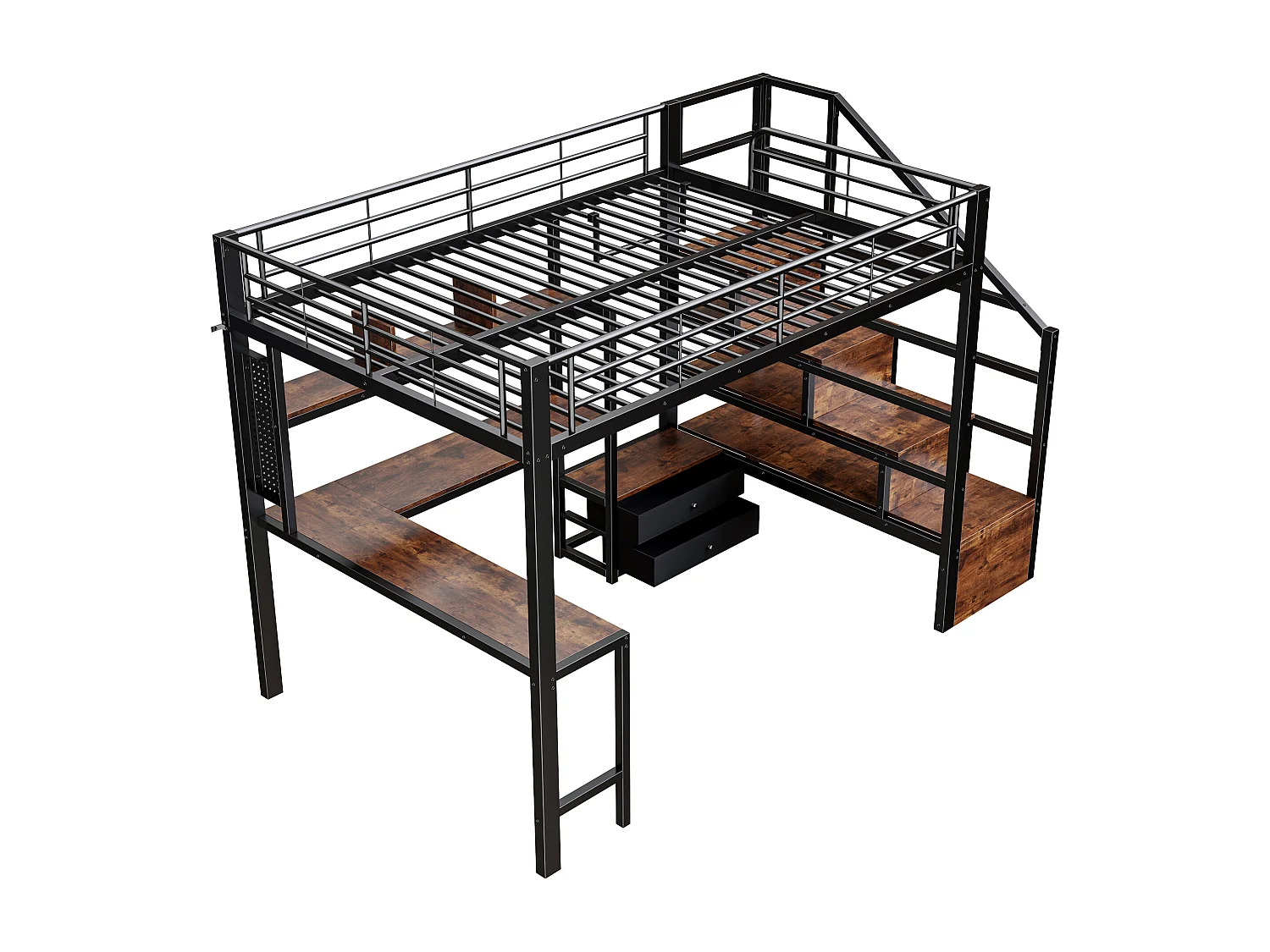 Hochbett 140x200 cm - Eisen-Gestell - 2 Schubladen - Kleiderstange - LED-Beleuchtung - Schreibtisch - Schwarz​ (Matratze nicht inbegriffen)