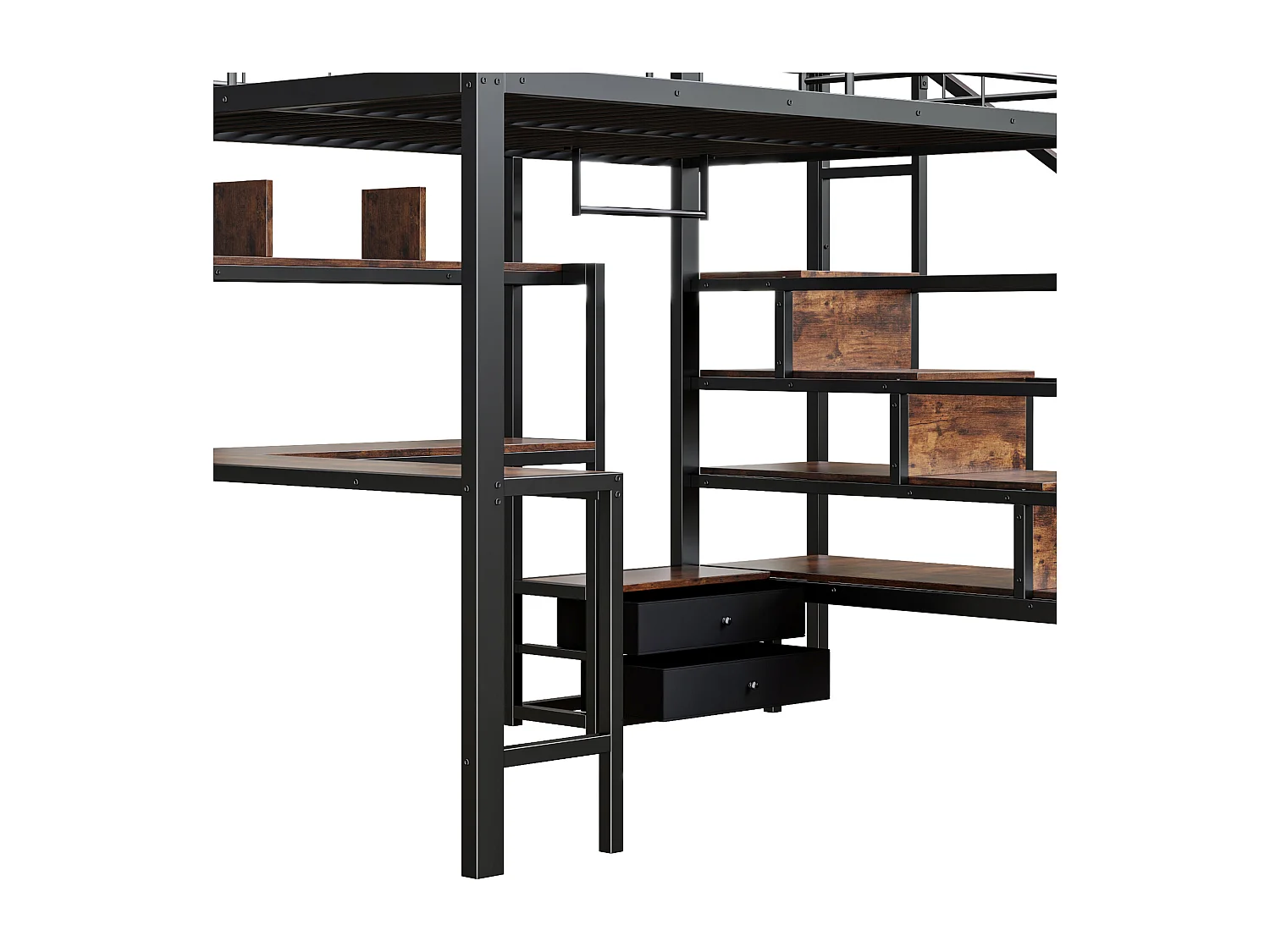 Hochbett 140x200 cm - Eisen-Gestell - 2 Schubladen - Kleiderstange - LED-Beleuchtung - Schreibtisch - Schwarz​ (Matratze nicht inbegriffen)