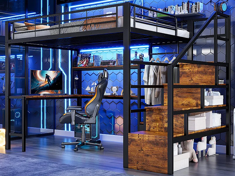 Cama mezanino 140x200 cm - Estrutura de ferro - 2 gavetas - Barra de roupas - Iluminação LED - Escrivaninha - Preto​ (colchão não incluído)