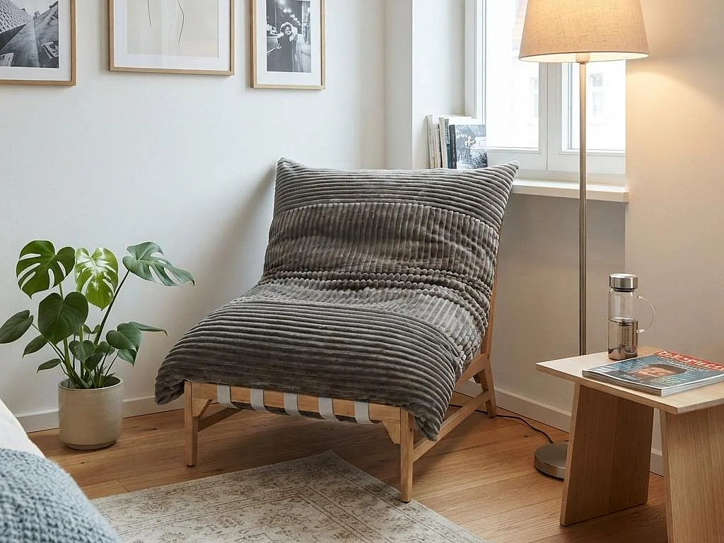 Fauteuil Lounge, Fauteuil Pouf XXL, Tissu Peluche Côtelé, Chaise Longue Ergonomique avec Mousse à Mémoire de Forme, Fauteuil Salon, 114x117x94cm, Gris