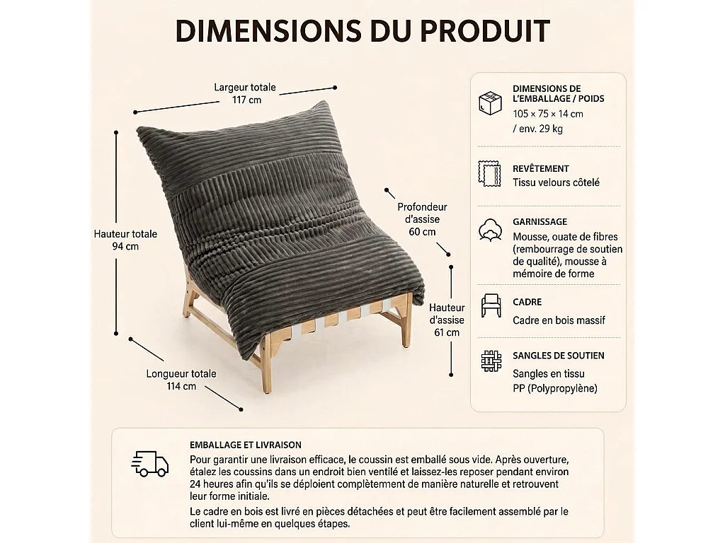 Sillón Lounge de Velours Acolchado XXL, Chaise Longue Ergonómica con Espuma Viscoelástica para Salón, 114x117x94cm
