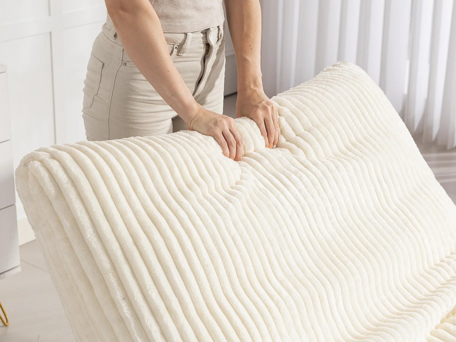 Puf Gigante Blanco de Tela Corduroy, Ergonomico con Respaldo 100x120x76 cm, para Salón y Dormitorio de Adultos