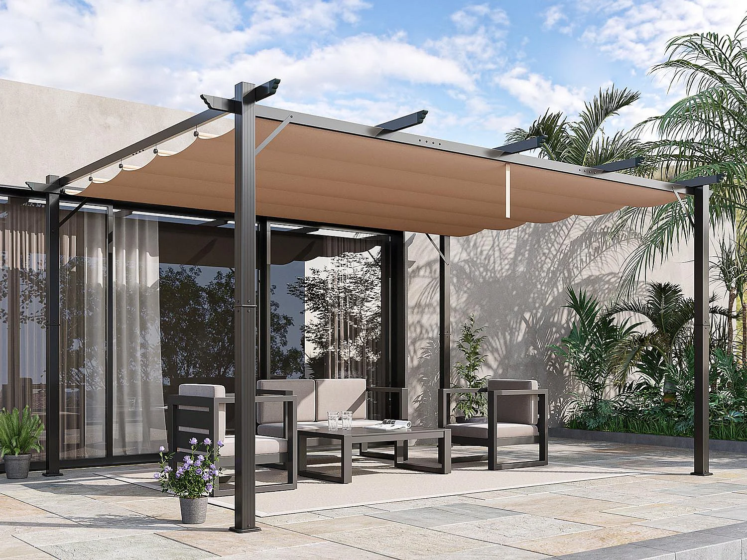 Pérgola Bioclimática Autoportante 3x4 m – Techo de Tela Retráctil de Aluminio Gris – Toldo Ajustable para Terraza, Resistente a UV e Impermeable para Jardín