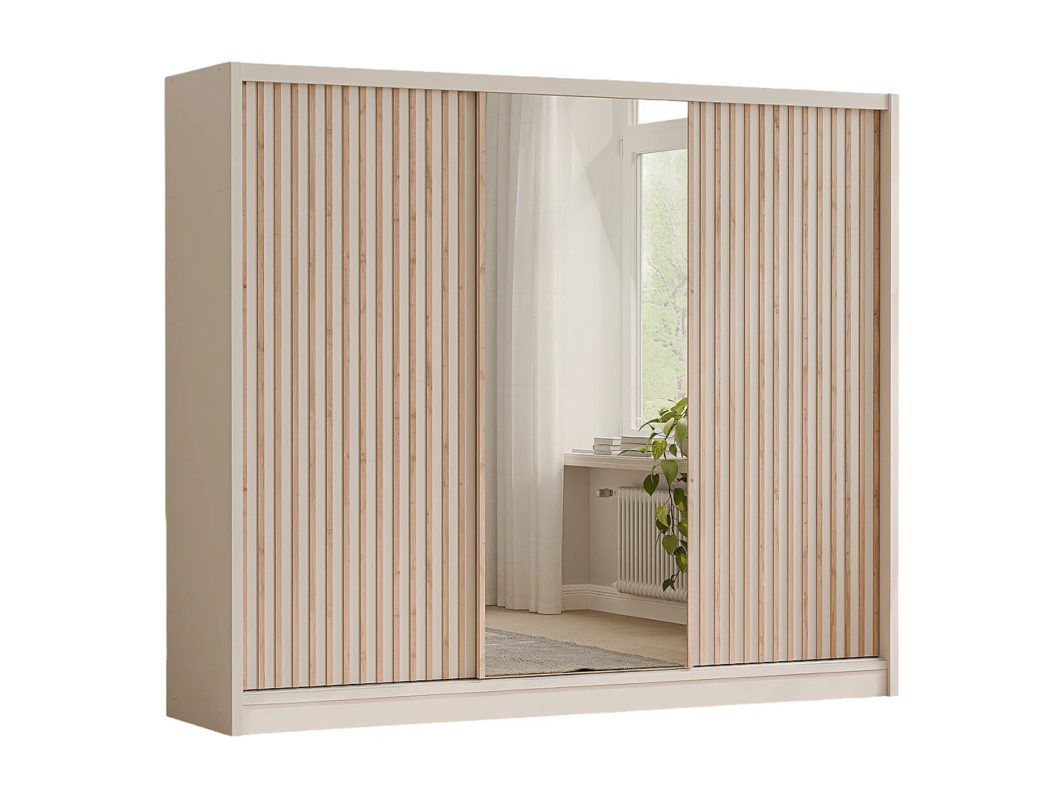 Armoire 3 portes coulissantes - Avec miroir - L250 cm - Coloris : Beige et naturel - CALOWI