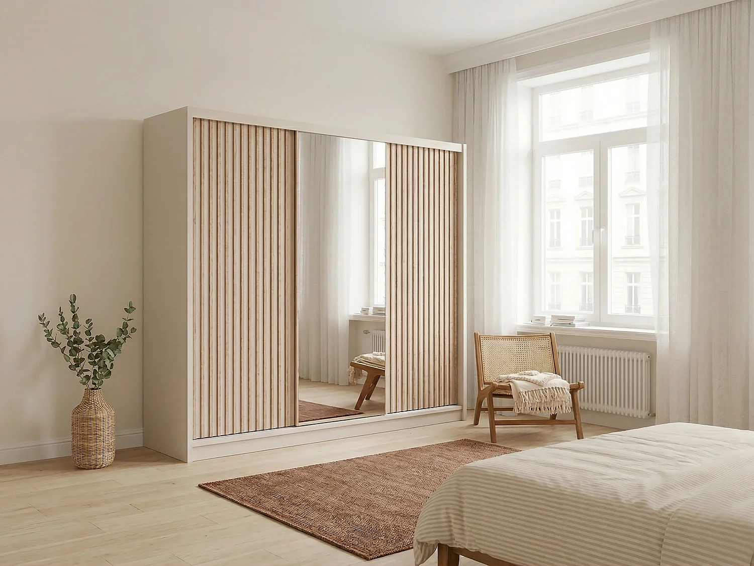 Armoire 3 portes coulissantes - Avec miroir - L250 cm - Coloris : Beige et naturel - CALOWI