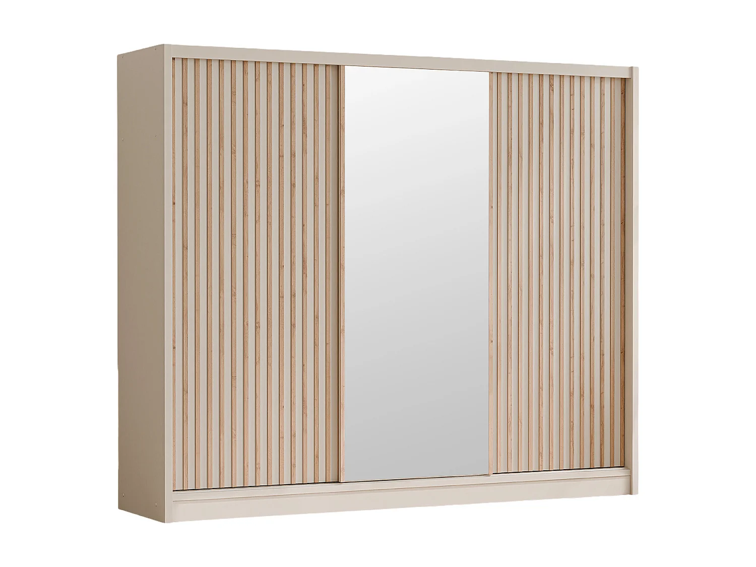 Armoire 3 portes coulissantes - Avec miroir - L250 cm - Coloris : Beige et naturel - CALOWI