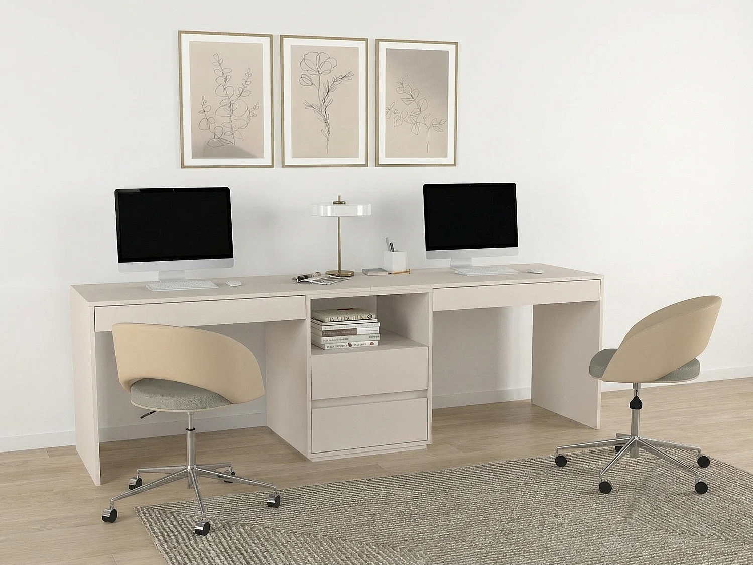 Bureau double avec rangements - Beige - DUOPARY